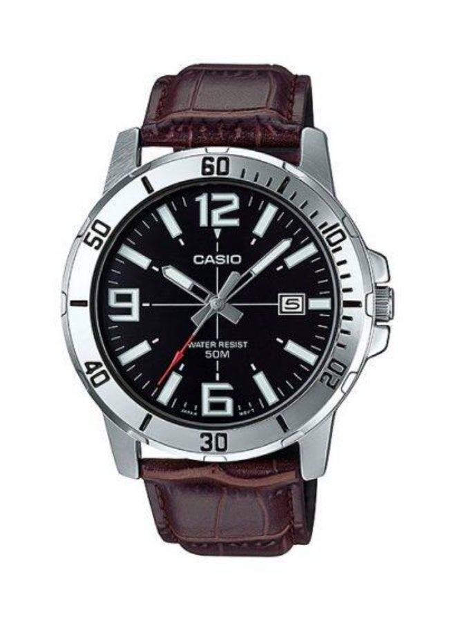 Casio MTP-VD01L-1BVUDF Men’s Analog Watch, Black Dial, Genuine Leather Strap, Quartz Movement, Date Display, Stainless Steel Case, Water Resistant